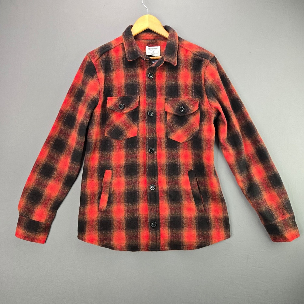 Distortion Flannel Shirt Jacket Buffalo Plaid Red Black M Wool Blend Button Up